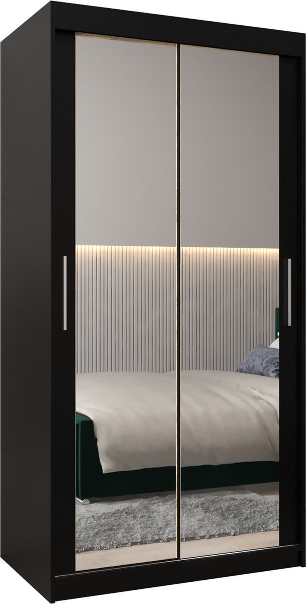 InspireME Kledingkast met 2 schuifdeuren, Modern-stijl, Kledingkast met planken (BxHxD): 100x200x62 - TORM III 100 Zwart Mat met 2 lades