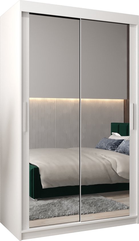 InspireMe - Armoire avec 2 portes coulissantes, Style moderne, Armoire avec étagères (LxHxP): 120x200x62 - TORM III 120 Wit Mat avec 2 tiroirs