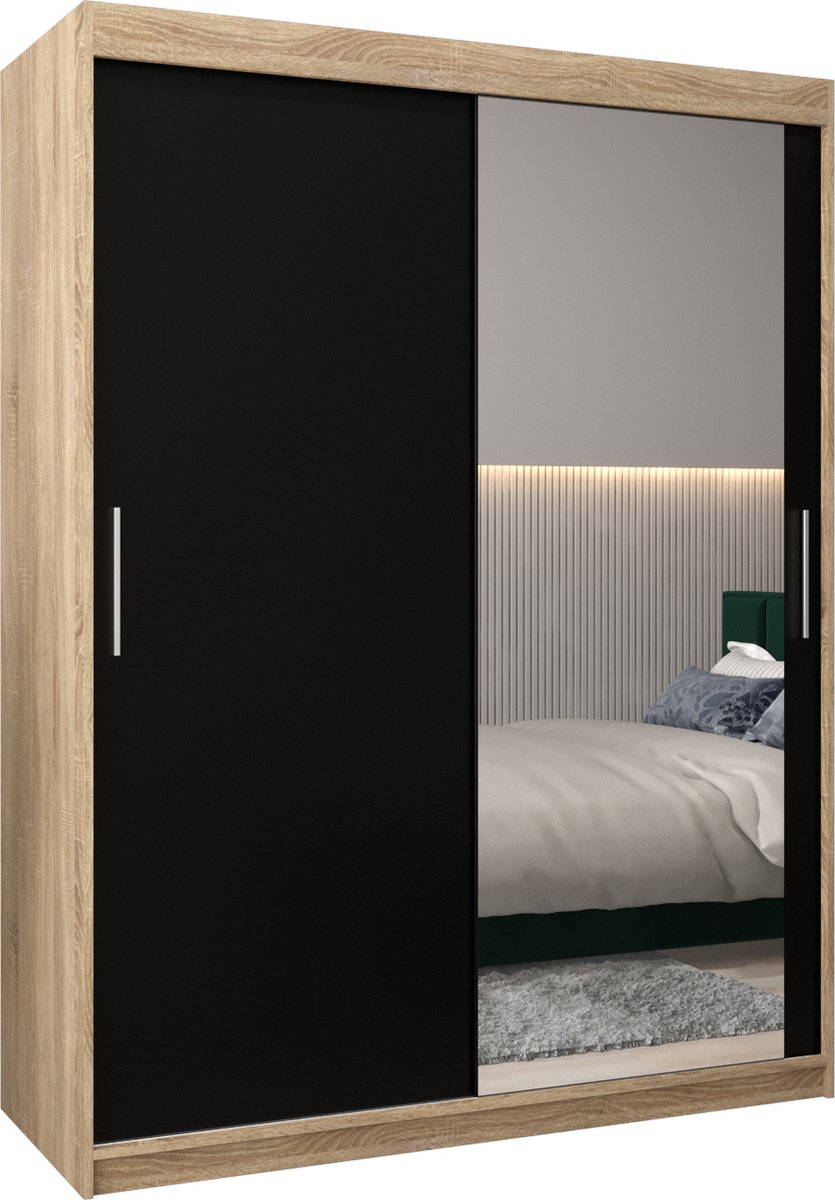InspireME Kledingkast met 2 schuifdeuren, Modern-stijl, Kledingkast met planken (BxHxD): 150x200x62 - TORM II 150 Sonoma Eik + Zwart Mat