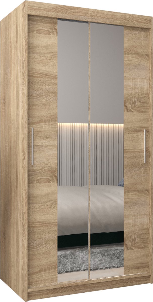 InspireME Kledingkast met 2 schuifdeuren, Modern-stijl, Kledingkast met planken (BxHxD): 100x200x62 - TORM I 100 Sonoma Eik met 2 lades