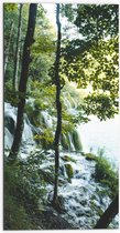 WallClassics - Dibond - Waterval tussen de Bomen door - 50x100 cm Foto op Aluminium (Wanddecoratie van metaal)