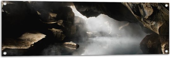 WallClassics - Tuinposter – Mist over Water in een Grot - 120x40 cm Foto op Tuinposter  (wanddecoratie voor buiten en binnen)