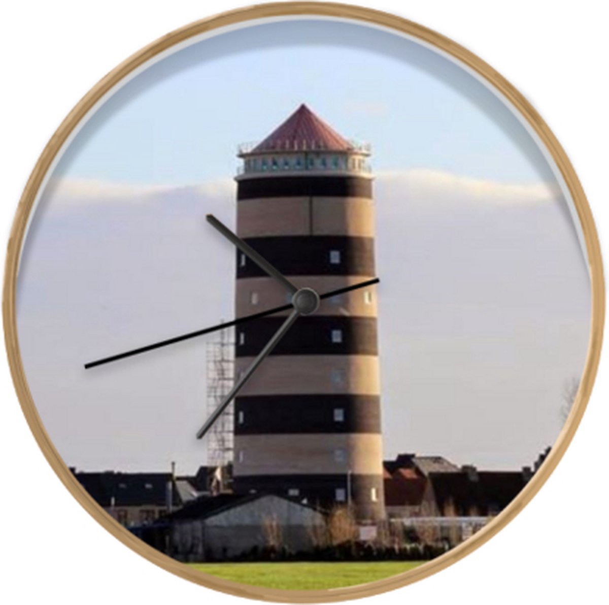 Klok Bredene Ø 30 cm - De watertoren van Bredene op een witte achtergrond - Modern - houtkleur wandklok met foto
