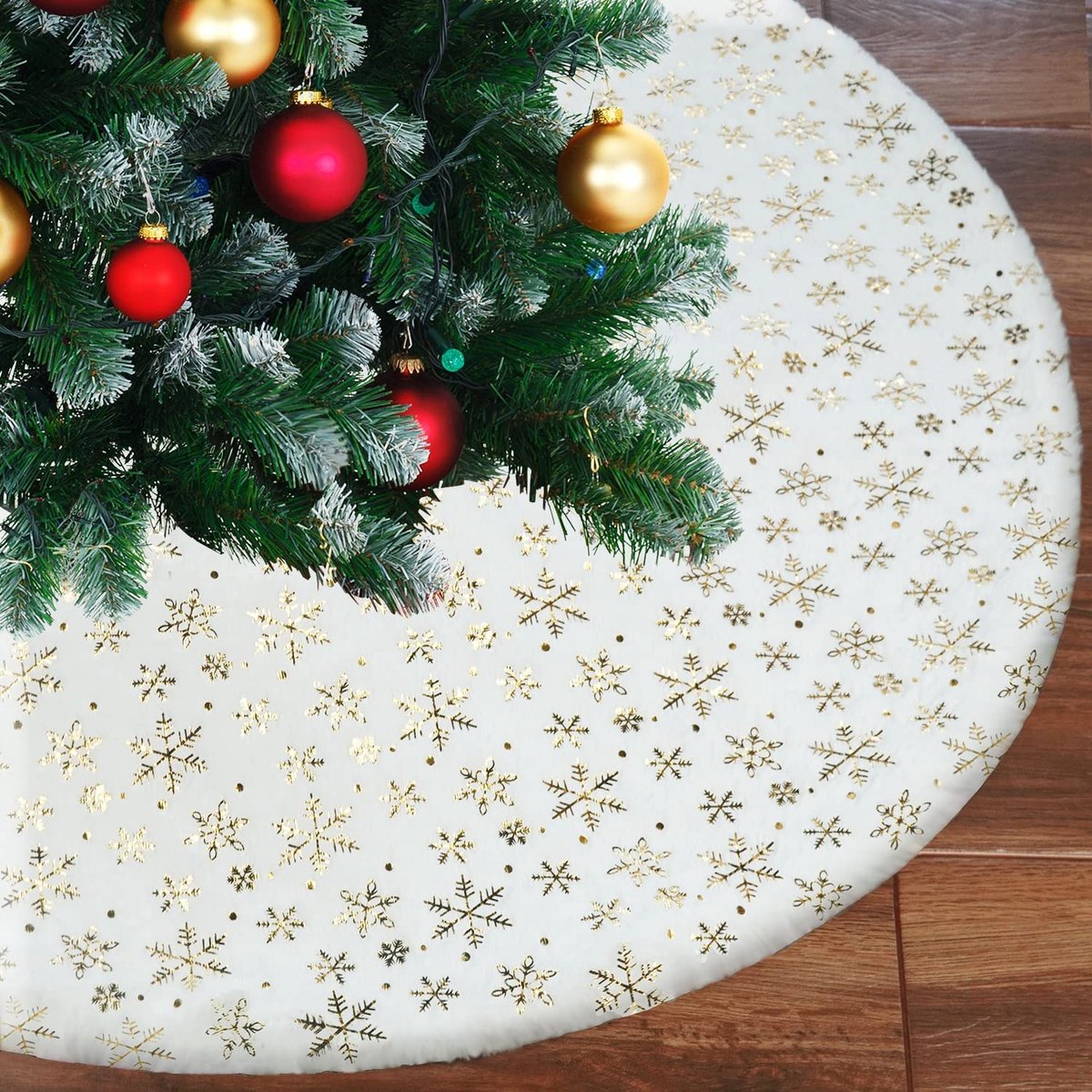Jupe De Sapin De Noël 120 Cm - Fausse Fourrure Blanche Et Dorée, Design Patchwork - Cache Pied Et Cadeaux élégant