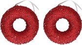2x Kersthangers figuurtjes kerst rode donut met kraaltjes 10 cm - Kerst rode kerstboomhangers