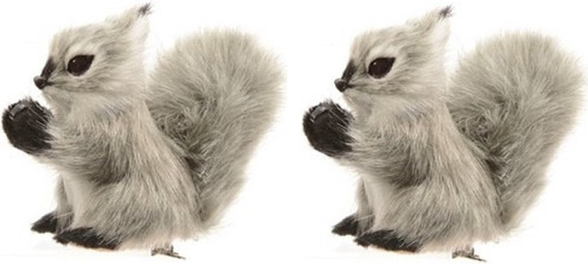 Decoris Kerstboomdecoratie grijze eekhoorns op clip 8 cm - 2x - Kerstversiering - Kerstdecoratie Grijs