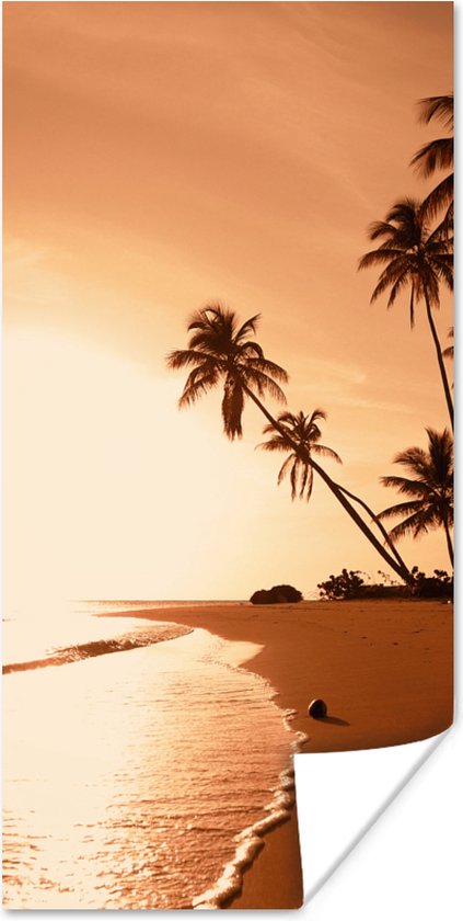 Poster Zonsondergang - Tropisch - Palmboom - Strand - Zee - 40x80 cm