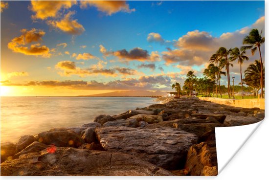Poster Diamond Head en de zonsondergang van het Amerikaanse Honolulu in Hawaii - 90x60 cm