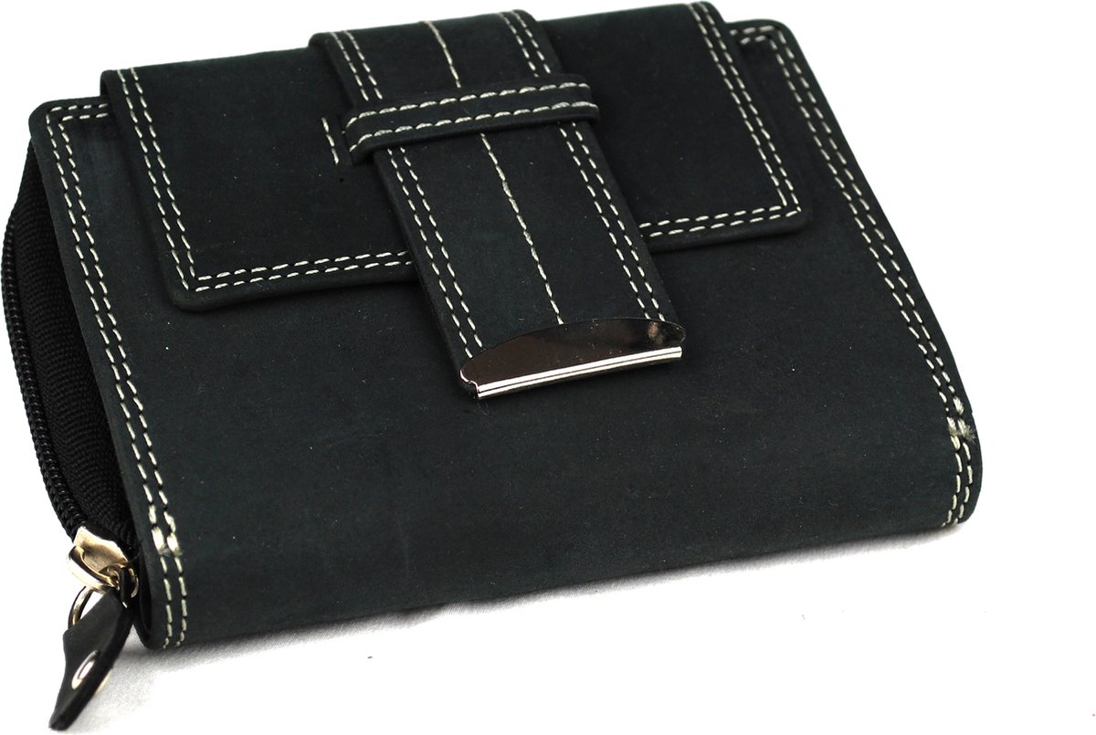 Wild Leather Only !!! Portemonnee Dames Buffelleer Zwart - (14598-6) - Billfold -12x2x9,5cm -