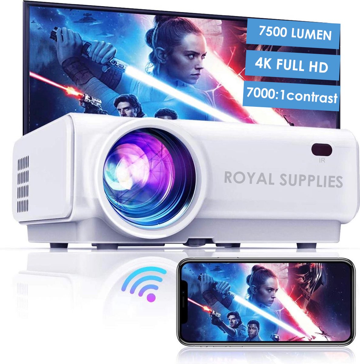Royal Supplies C130- Beamer- Full HD -Wifi- Projectiescherm - Tas - Statief - Wit