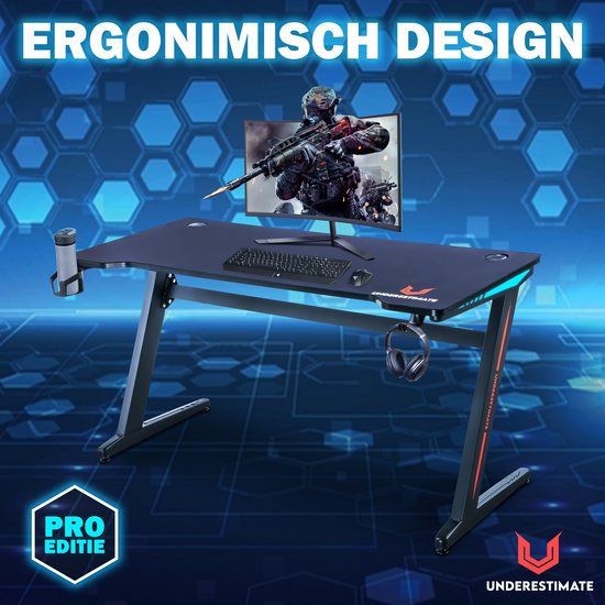Underestimate - Gaming Bureau met LED Verlichting - 140cm - Game desk - INCL Gaming Muismat XXL
