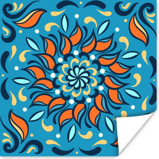 Vierkant patroon op een blauwe achtergrond met een oranje bloem en versieringen