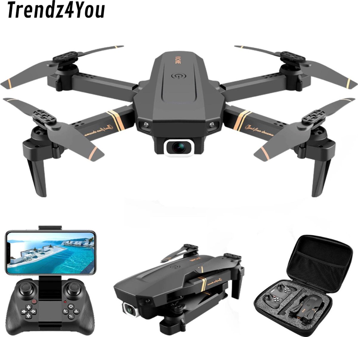 Trendz4You© Drone met Dual 4K Camera - Drone met Camera voor Buiten/Binnen - Mini Drone - Drone voor Kinderen/Volwassenen - Langere Vliegtijd - Inclusief GRATIS Reserve Accu & Opbergtasje