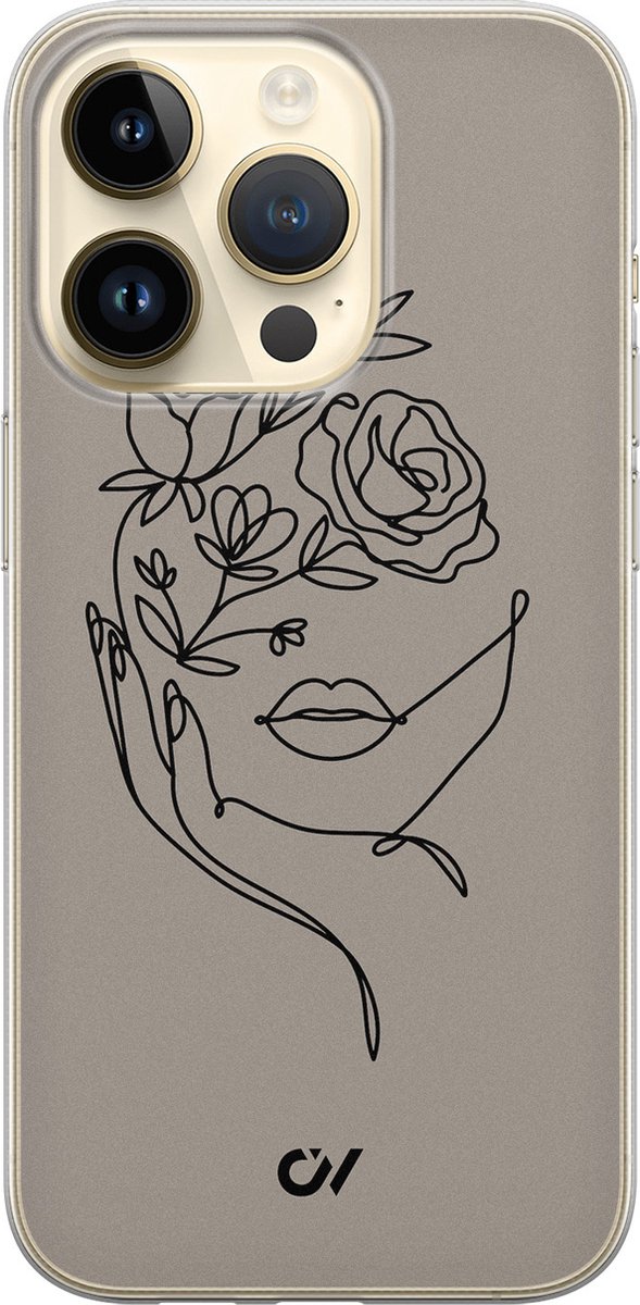 Hoesje geschikt voor Apple iPhone 14 Pro - Oneline Face Flower - - Grijs - Apple - Casevibes