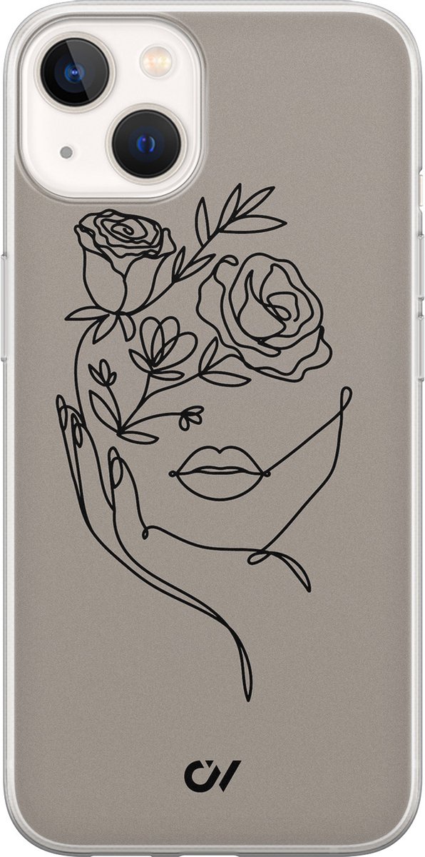 Hoesje geschikt voor Apple iPhone 13 - Oneline Face Flower - - Grijs - Apple - Casevibes