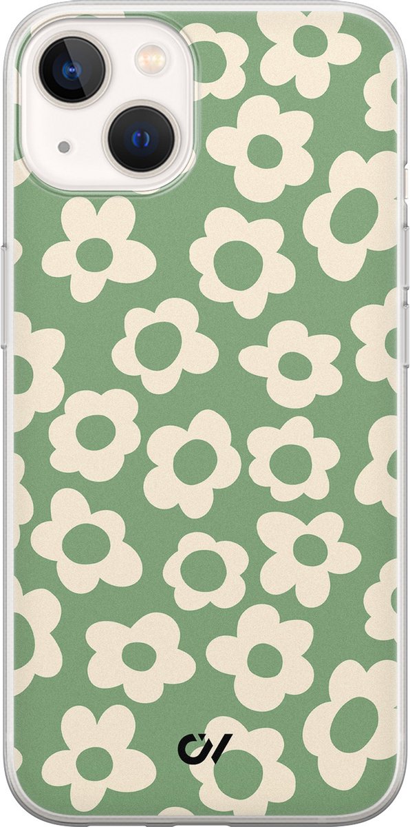 Hoesje geschikt voor Apple iPhone 13 - Retro Cute Flowers - - Groen - Apple - Casevibes