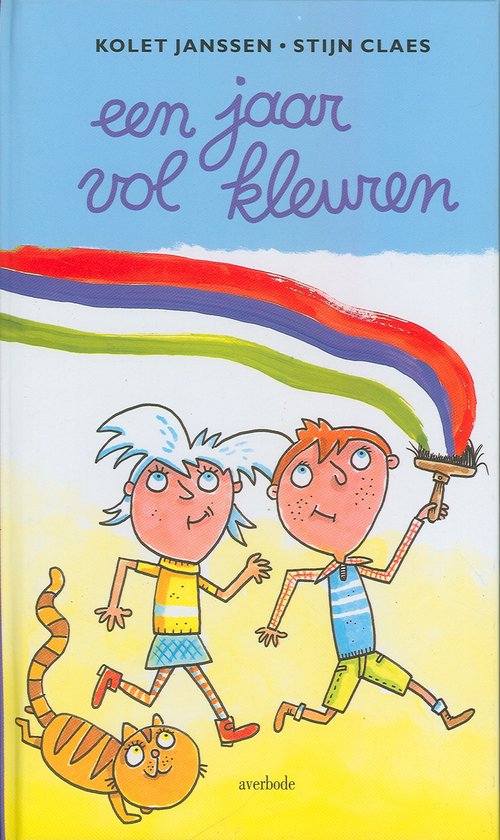 Boek 'een jaar vol kleuren' met illustratie van twee kinderen die met een kat een regenboog schilderen.