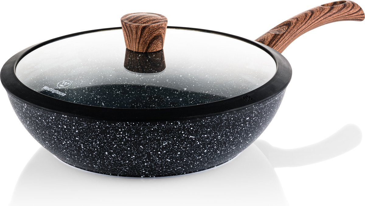 Westinghouse 8-delige Pannenset – Braadpannen + Koekenpannen + Steelpannen + Hapjespan + Wokpan – Inductie – Black Marble Wood – foto 6
