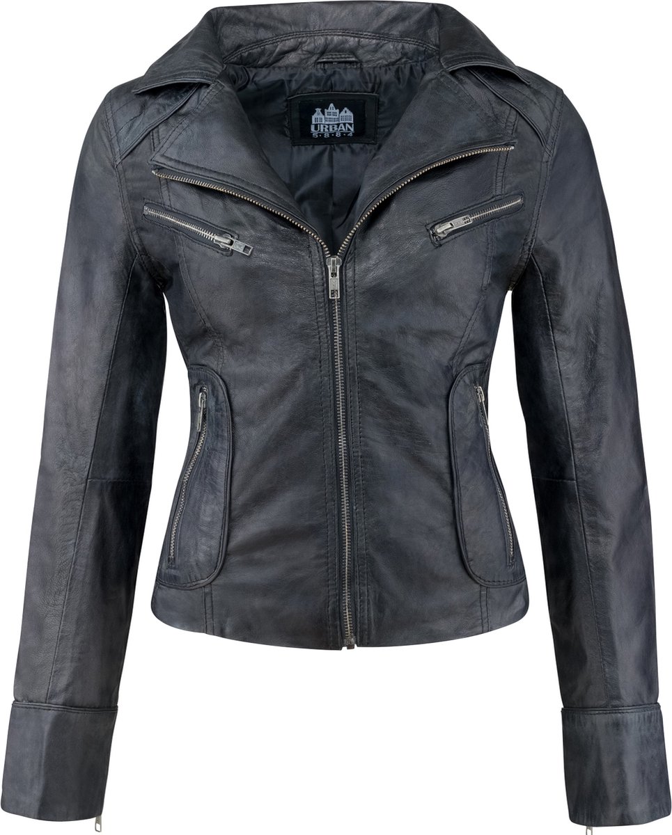 Urban 5884® - Jacky - Dames Leren Jas -Openstaande Kraag - Lams Leer - Zwart– Biker - Maat S