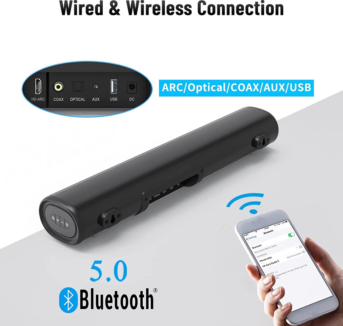 Soundbar, Winnes Draadloze Bluetooth 5.0 Soundbar voor TV, TV Luidspreker, Geïntegreerde