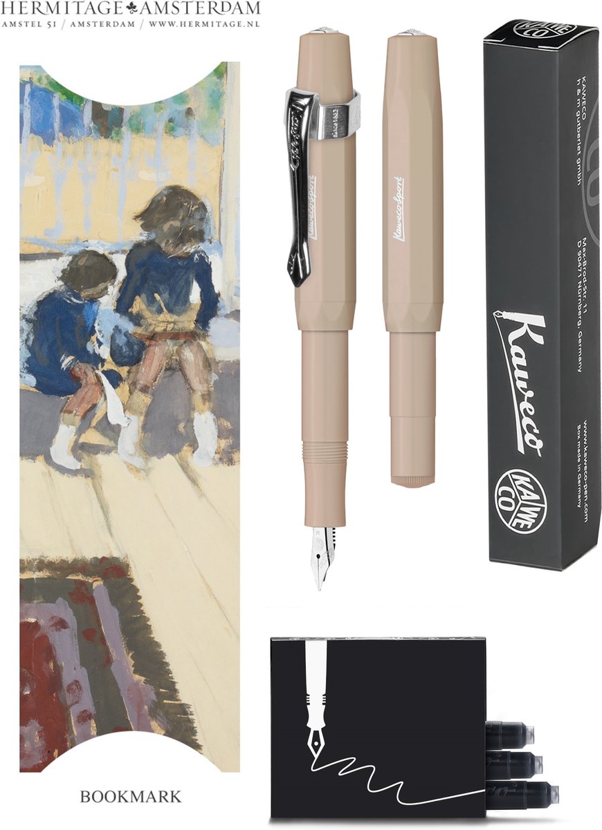 Kaweco - Vulpenset - 4delig - Vulpen Sport Skyline Macchiato Fountain Pen - Fine - Nostalgic Octagonal Clip Chrome - Doosje zwarte vullingen - Bekking & Blitz Boekenlegger - nr10