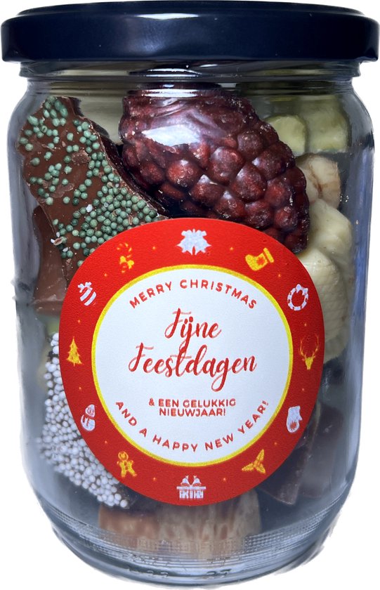 Glazen Snoeppot Gevuld "Fijne Feestdagen" 300 gram chocolade