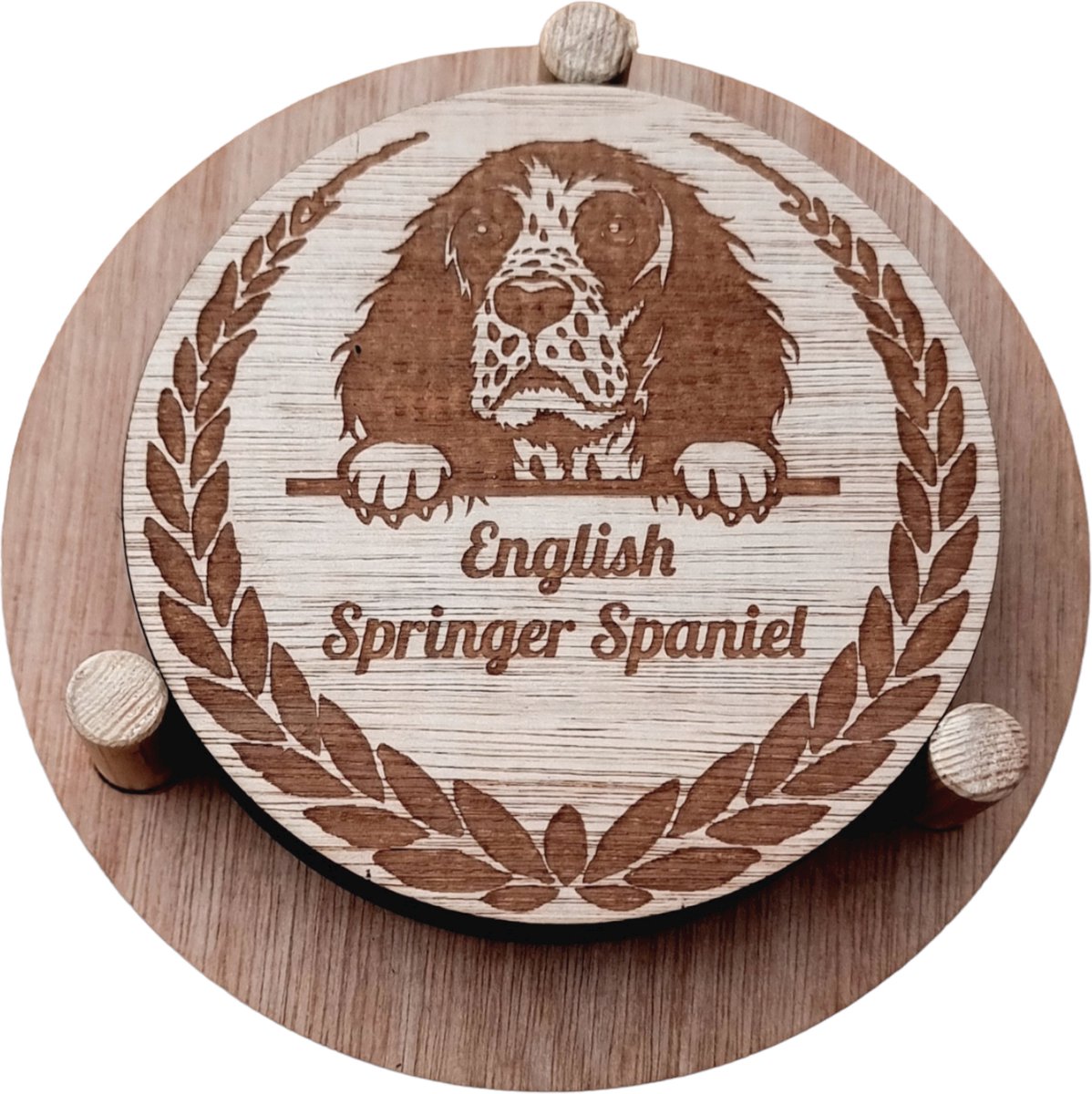 K9 World by van der Veeke, onderzetters met English Springel Spaniel, gegraveerd op hout