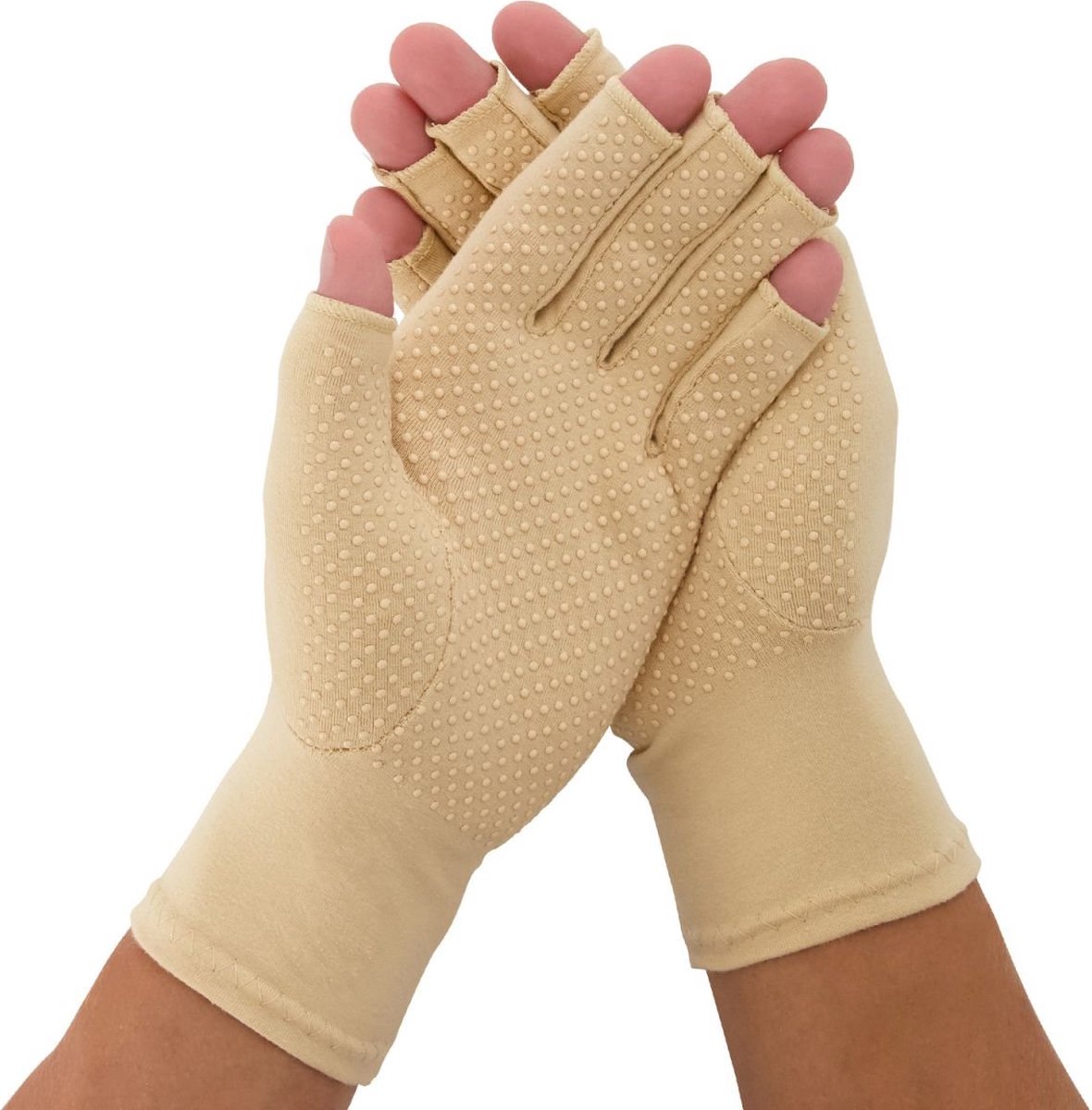 Medidu Artrose Handschoenen - Reuma Handschoenen met Antisliplaag - Artitis Handschoenen met Open Vingertoppen - Per Paar - Beige - XL