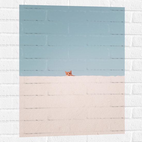 WallClassics - Muursticker - Kat Kijkt over de Muur - 60x80 cm Foto op Muursticker