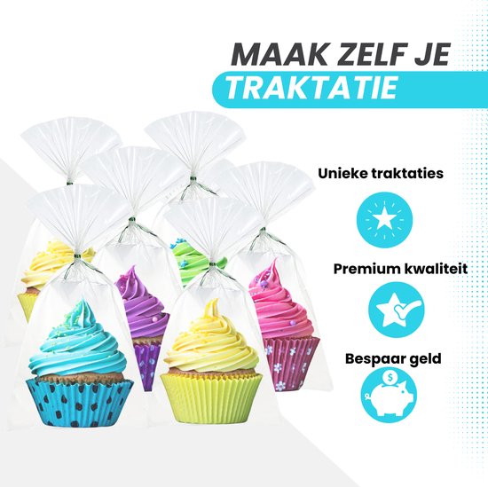 Zeven doorzichtige zakjes gevuld met kleurrijke cupcakes. Tekst: 'Maak zelf je traktatie'.
