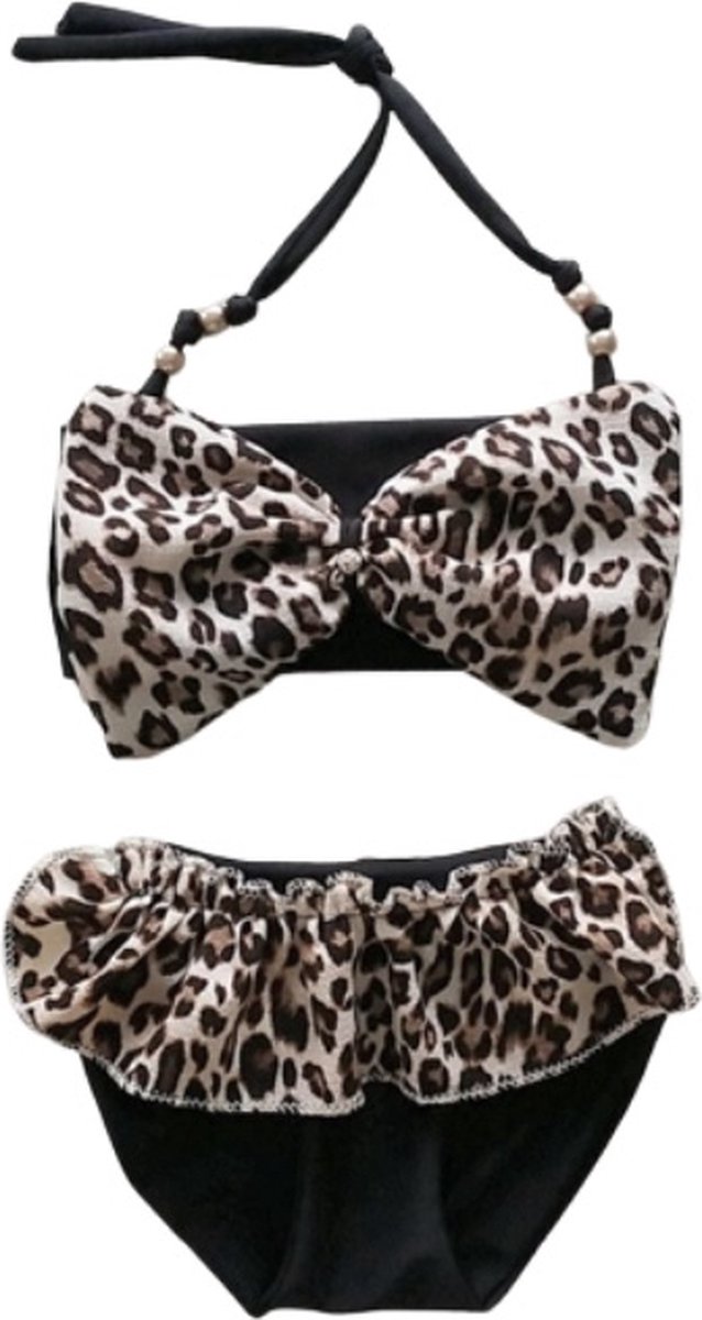 Maat 56 Bikini Zwart panterprint strik badkleding baby en kind zwem kleding leopard tijgerprint