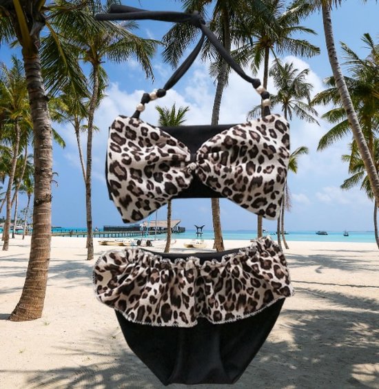 Maat 68 Bikini Zwart panterprint strik badkleding baby en kind zwem kleding leopard tijgerprint - Merkloos