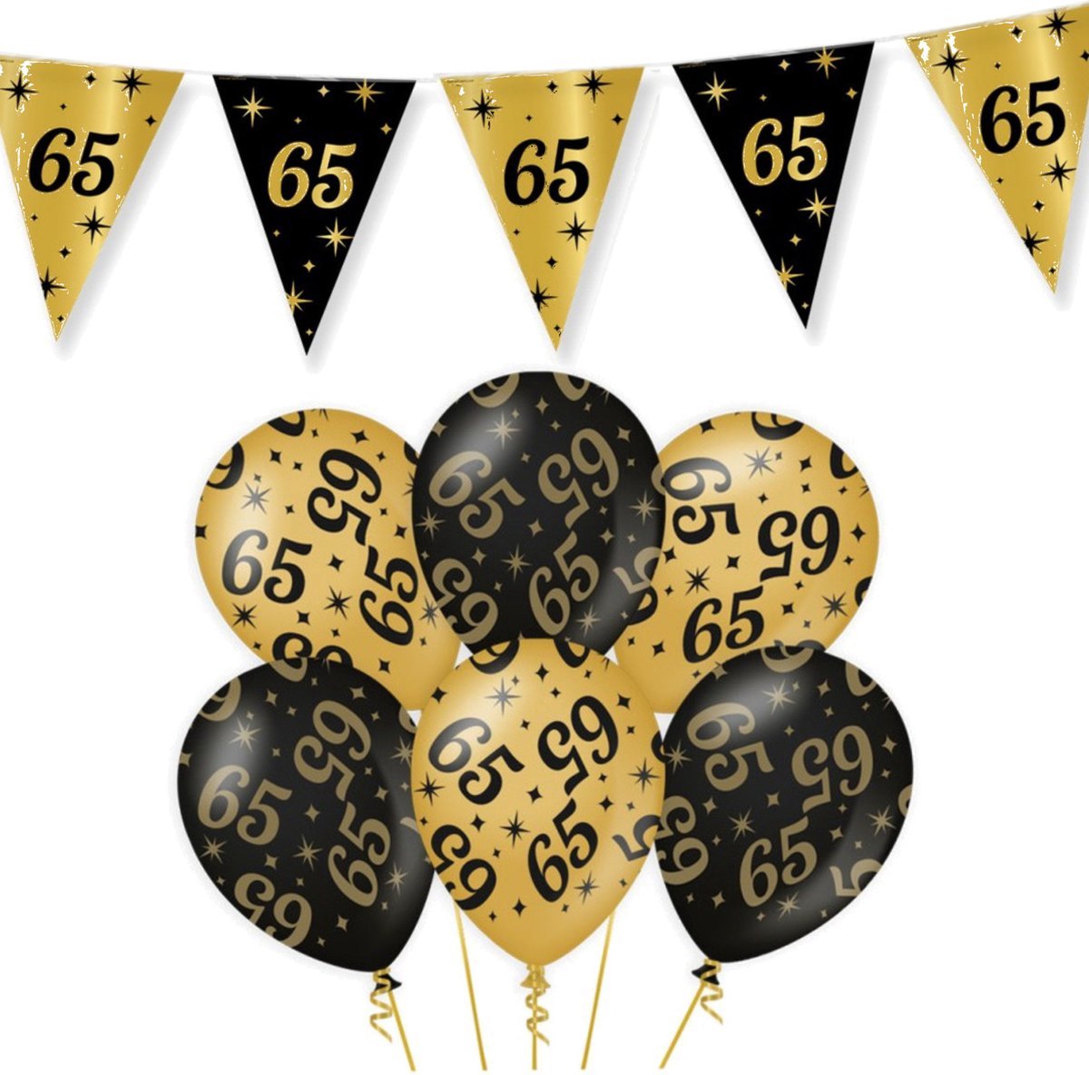 65 Jaar Verjaardag Decoratie Versiering - Feest Versiering - Vlaggenlijn - Ballonnen - Man & Vrouw - Zwart en Goud - Merkloos