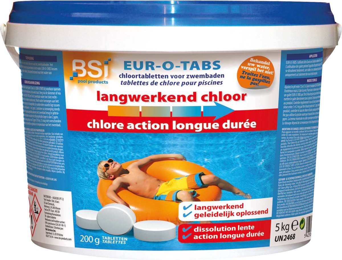 Seau de Chlore à longue durée d'action 5Kg Eur-O-tabs - grandes pastilles  de 200gr /