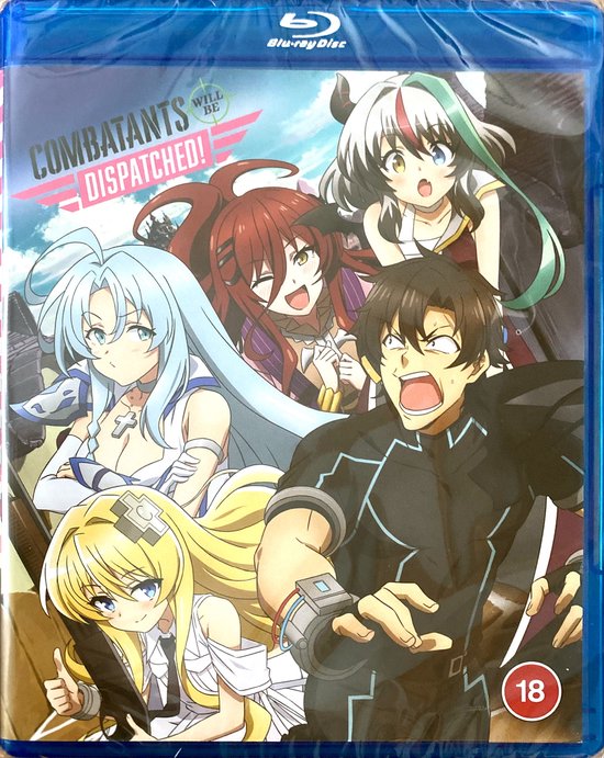 Anime-personages in een gevechtshouding op de voorkant van een Blu-ray hoes met de titel "Combatants Will Be Dispatched!".