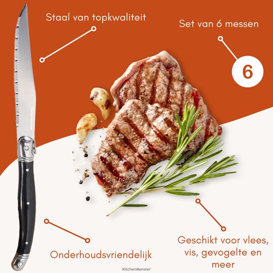 Laguiole mes van topkwaliteit staal, onderhoudsvriendelijk en geschikt voor vlees, vis, gevogelte en meer.