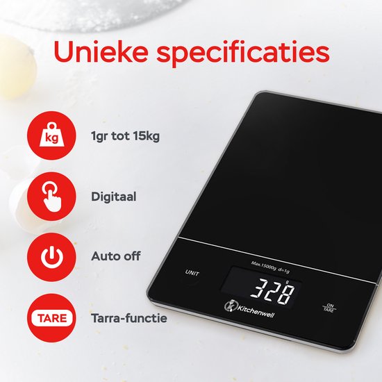 Kitchenwell Digitale Precisie Keukenweegschaal – Weegschaal Keuken - 1gr - 15kg – Tarra Functie - Zwart
