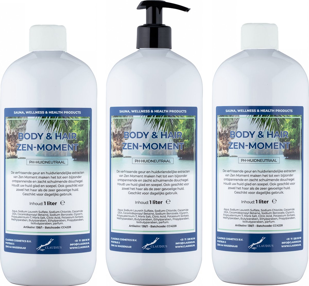 Goedkoopste Body & Hair Zen Moment - 1 liter - set van 3 stuks - met gratis pomp - 2 in 1 voor lichaam en haar.