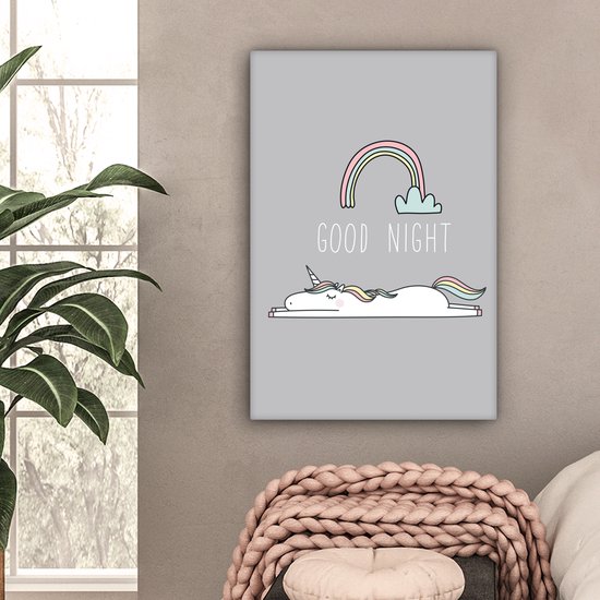 Peinture sur toile Licorne - Citations - Bonne nuit - Licorne - Texte - Arc-en-ciel - Dictons - Décoration murale filles - Décoration chambre d'enfant - 60x90 cm