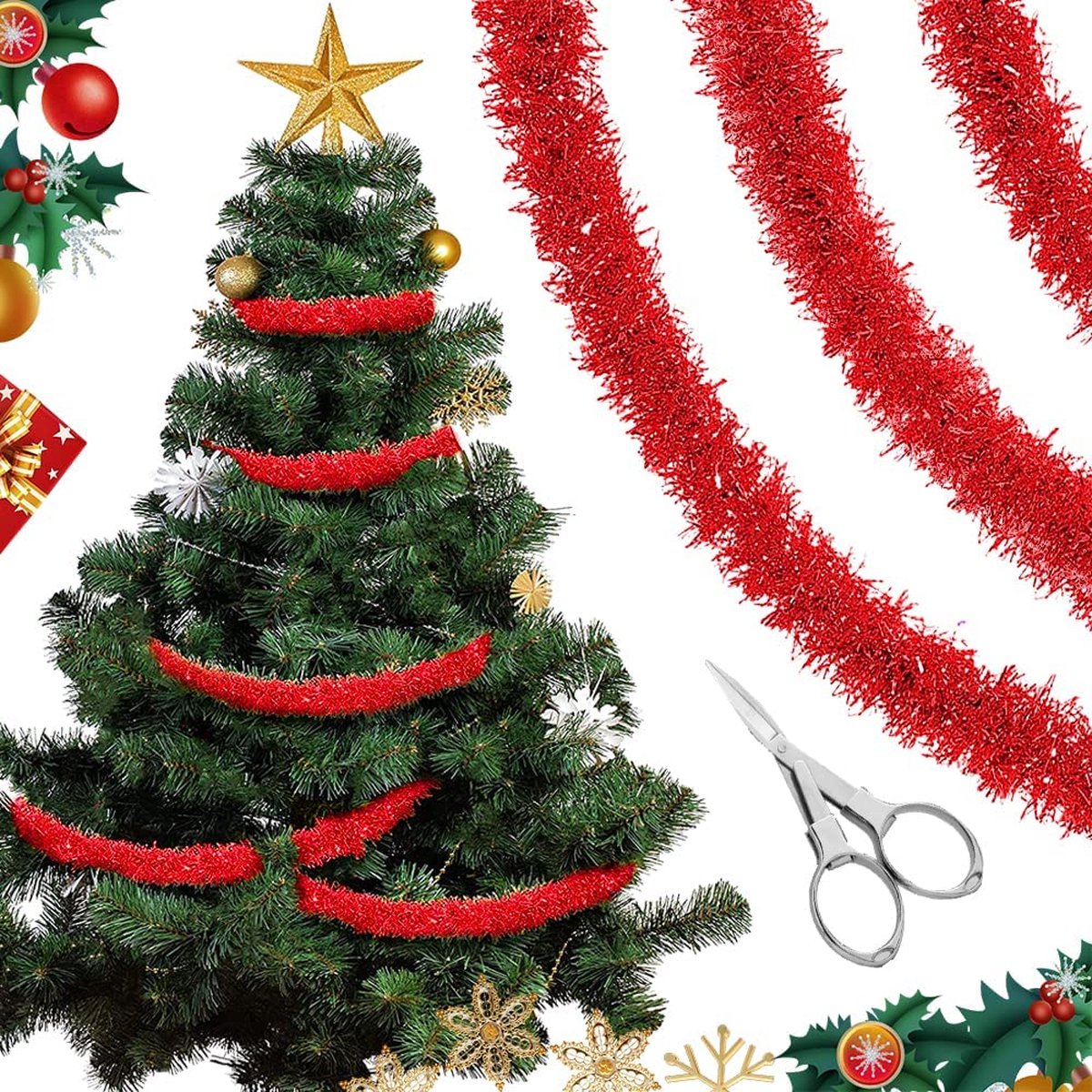 20 meter kerstboom lametta slinger, rode kerstboom, lametta-slinger, lametta, rode kerstboom, kerstboomversiering, lametta, lametta kerstboom