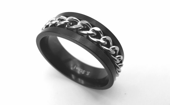 Stoer -RVS -zwart - Anxiety - ring - maat 21 zilverkleurig ketting schakel in het midden die je mee kan draaien ( Anti stress ringen )