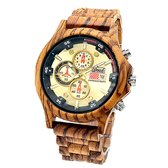 Woed | Cameroon - Houten horloge heren - 50 mm - Quertz - Premium - Zebra hout- Bruin - Goud