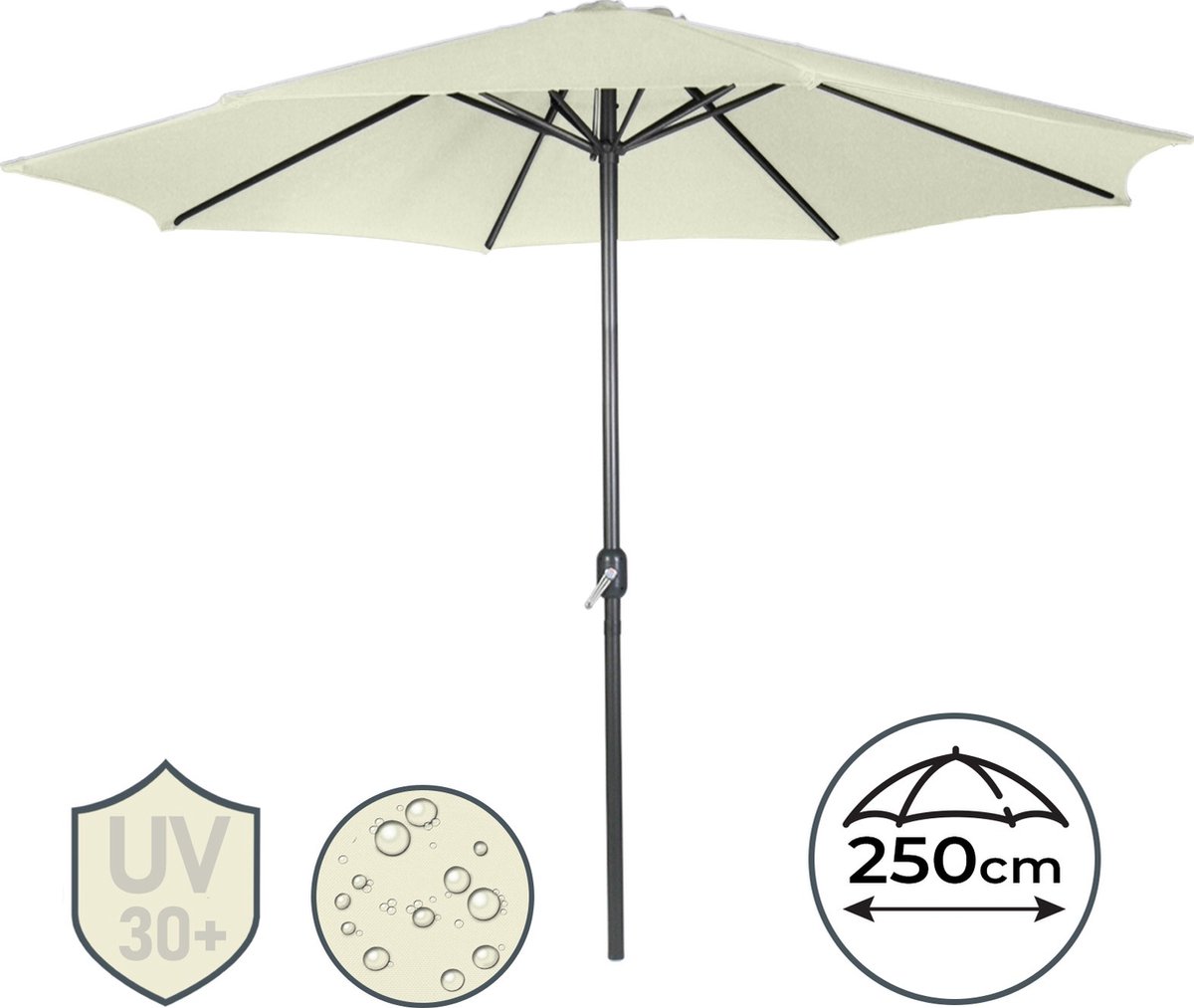 Miadomodo - Staande Parasol voor Balkon, Terras of Tuin - Diameter 250 cm - Handzwengel - Waterafstotend - Tuinparasol - Terrasparasol - Balkonparasol - Crème