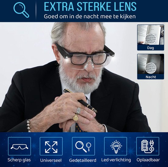 Dhoent Products® Vergrootglas Bril met Ledverlichting - Overzet Loepbril met Ledverlichting - 2x Vergroot bril - Hobby Loepbril voor Brildragers - Gratis Brillendoos en Brilkoordje - Zwart - ZoomWear