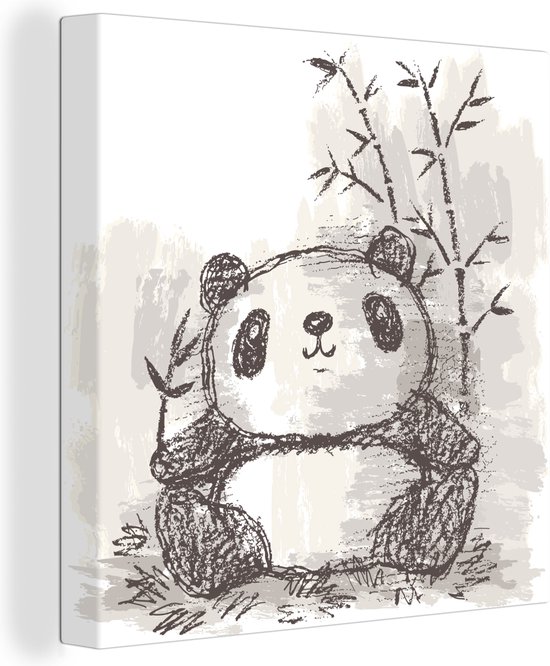 Canvas Schilderij Panda - Bamboe - Zwart - Wit - 20x20 cm - Wanddecoratie