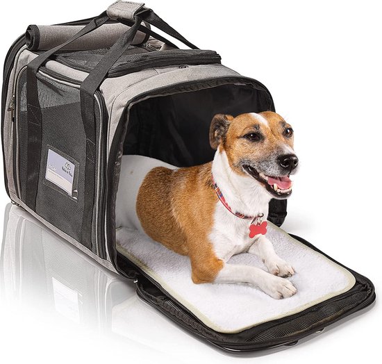 BELLA & BALU | M - hondenbox transportbox voor honden en katten - grijs | 43 x 31 x 34cm hondenbox om mee te nemen voor vakanties en reizen in het vliegtuig of de auto - ademend, doorzichtig