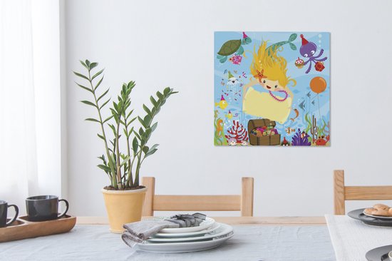 Illustration d'une sirène avec un coffre au trésor 50x50 cm - Tirage photo sur toile (Décoration murale salon / chambre) / Mer et plage