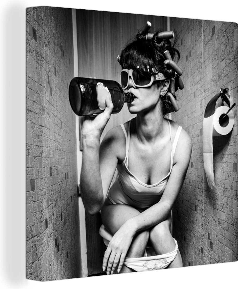 Canvas Schilderij Vrouw - Toilet - Zwart - Wit - 50x50 cm - Wanddecoratie