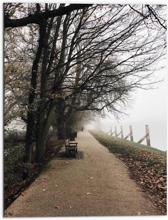 WallClassics - Dibond - Bankje op de Dijk in de Mist - 60x80 cm Foto op Aluminium (Wanddecoratie van metaal)