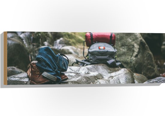 WallClassics - Hout - Backpackers Tassen - 90x30 cm - 12 mm dik - Foto op Hout (Met Ophangsysteem)